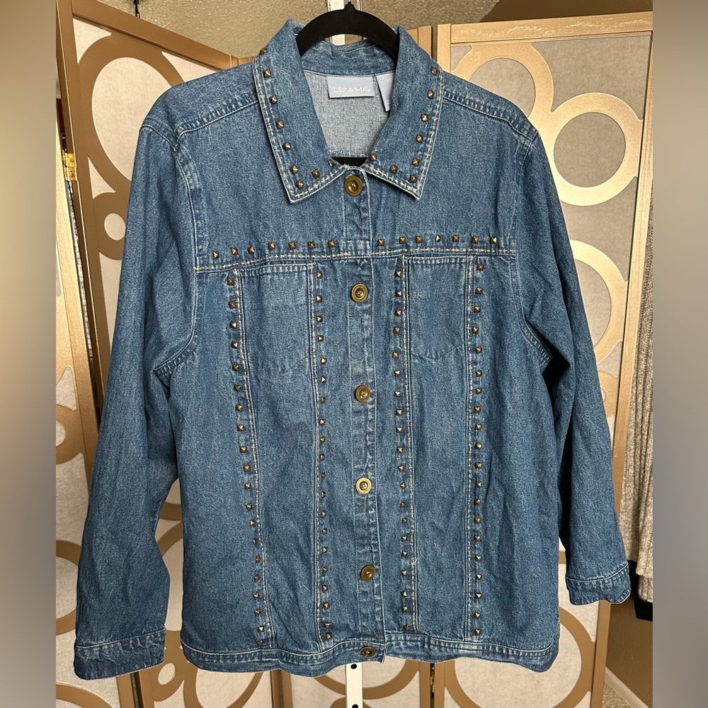 Studded Denim Jacket 1X Plus Size Western Boho Jean Jacket Blue Cotton